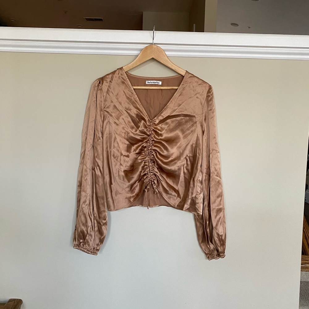 Reformation Dean Silk Top Gold Bronze Ruched